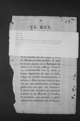 Real Cédula sobre publicación del nacimiento del Infante Felipe María Francisco.