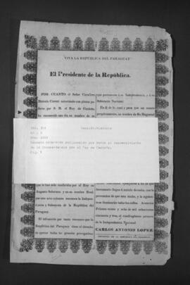 Decreto que ordena publicar por Bando el Reconocimiento de la Independencia del Paraguay por el Rey de Cerdeña.