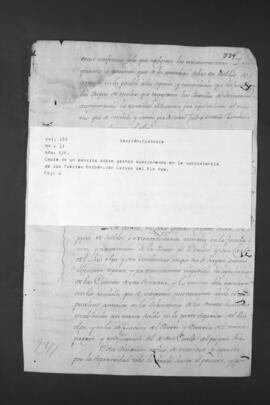 Copia de un escrito sobre gastos ocacionados en la subsistencia  de los Fuertes Borbón y San Carlos del Río Apa.