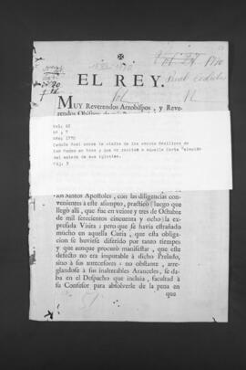 Real Cédula a los Arzobispos y Obispos de las Indias sobre las visitas de las Sacras Basílicas.