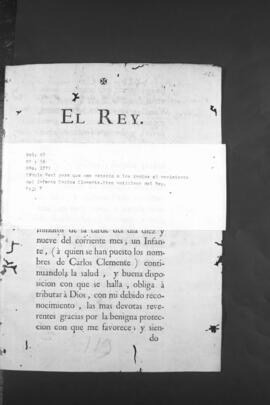 Real Cédula que ordena publicar el nacimiento del Infante Carlos Clemente.