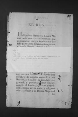 Real Cédula sobre publicación del bautismo de la Infanta María Isabel y Real despacho sobre vacante de empleos de Virrey o Presidentes de Audiencias.