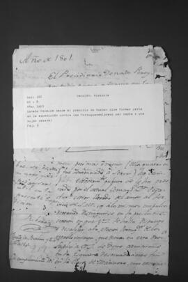 Solicitud presentada por Donato Pereira, recluido en el presidio de Borbón por rapto de una mujer casada, para formar parte de una expedición contra los portugueses.