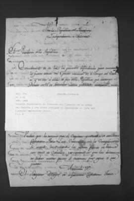 Decreto que dispone el traslado del Ejército al campo del Cerrito. Carta dirigida al Comandante en Jefe del Ejército, Bernardino Denis.
