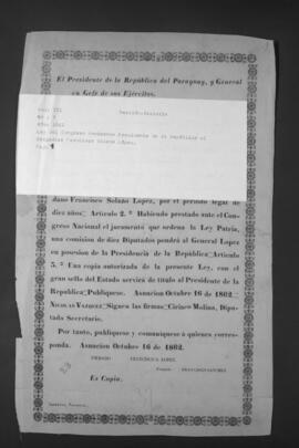 Ley del Congreso Nacional que designa Presidente de la República a Francisco Solano López.