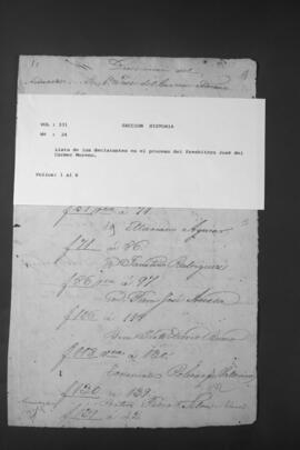 Lista de declarantes en el proceso contra el Presbítero José del Carmen Moreno.