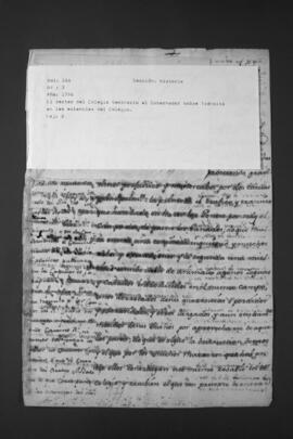 Carta del Rector del Colegio Seminario, Baltazar Casajús, al Gobernador Lázaro de Ribera, sobre tránsito en las estancias del Colegio.