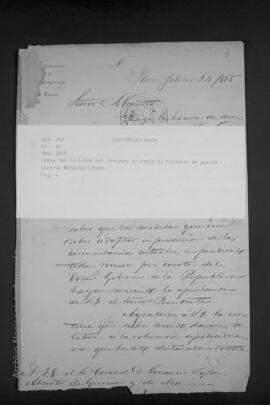 Carta del Cónsul del Paraguay en París al Ministro de Guerra y Marina, Coronel Venancio López, sobre artículos de guerra.